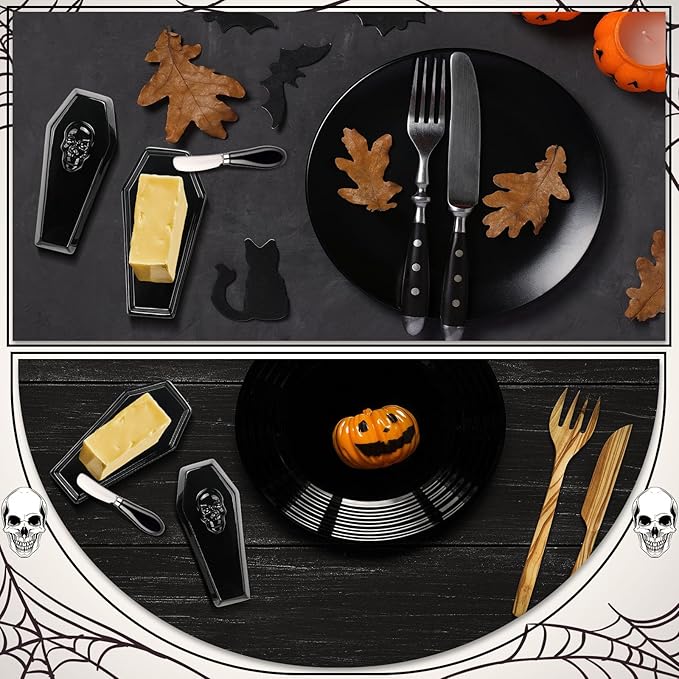 Reallnaive 2 Pcs Coffin Butter Dish with Lid Set with Butter Knife Black Gothic Skull Shape Ceramic Halloween Gothic Horror Kitchen Utensils Gift for Halloween Table Decoration Party Supplies(Flat)