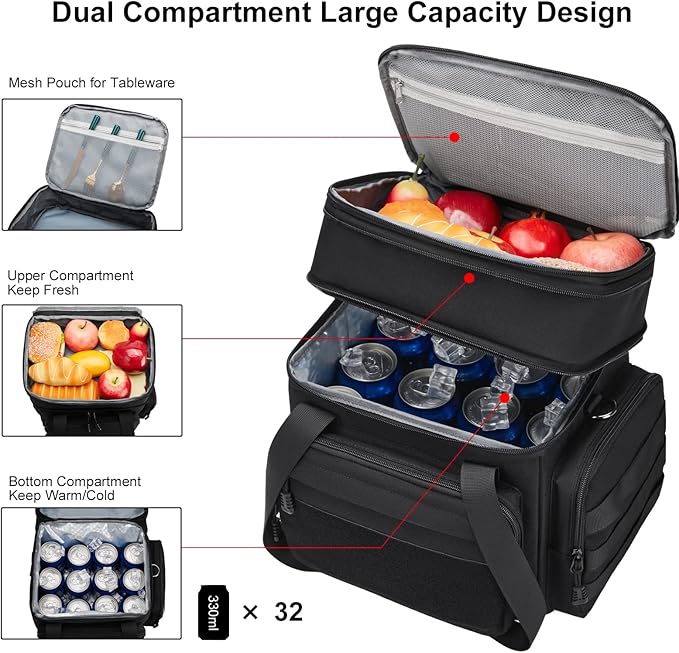Gafetrey Large Tactical Lunch Box for Men, Insulated Lunch Bag Adult, Thermal Lunchbox Leakproof Waterproof Cooler Bag, Dual Compartment Lunch tote, Large Lunch Pail for Office Camping (Black) 24L