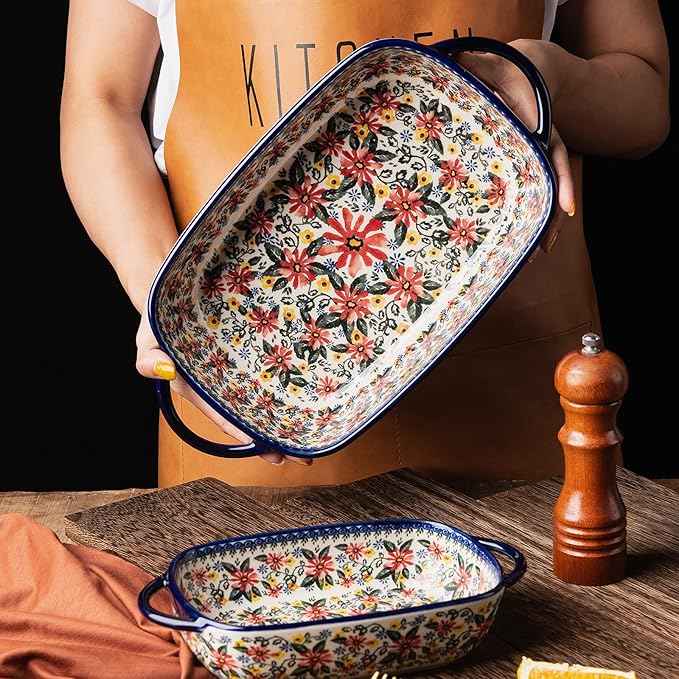 Baking Dish Ceramic Baking Pan Blue Casserole Dish Rectangular Baking Set 2pcs Bakeware Sets Single Serving Size Lasagna Pan Baking Dishes for oven (Exotic Daisy)