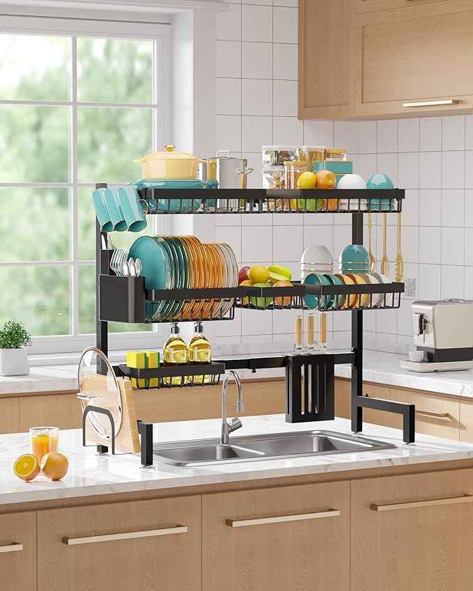 Over The Sink Dish Drying Rack - Adjustable 3 Tier XX-Large Capacity Stainless Steel Drainer with Cutlery & Utensil Holders, Kitchen Storage & Organization, 31.5"-39.5"L x 12"W x 30.5"H, Black