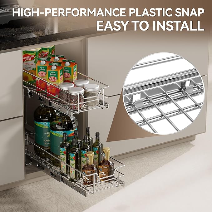 2 Tier Pull Out Cabinet Organizer 9" W X 17" D, Slide Out Drawers For Kitchen Cabinets, Pull Out Drawers For Cabinets Capacity Heavy Duty Caddy, Cabinet Pullout Shelves Chrome-Plated,Bathroom Pantry