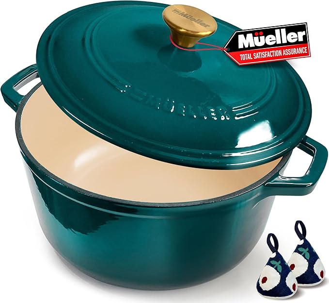 Mueller DuraCast 6 Quart Enameled Cast Iron Dutch Oven Pot with Lid, Heavy-Duty, Oven Safe up to 500° F & Across All Cooktops, Wedding Registry Ideas & Gifts, Emerald