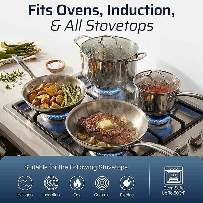 Gotham Steel 10 Pcs Tri Ply Stainless Steel Cookware Set, Pots and Pans Set with Induction Bottom, Made Without PTFE PFOA PFOS, Metal Utensil Safe, Oven and Dishwasher Safe