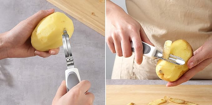 Stainless Steel Potato Masher & Peeler Set (6PCS Set - Gray) - Includes Potato Ricer, Wire Masher, Multi-purpose Peelers, Comfortable Grip Design For Kitchen, Free Silicone Brush and Oven Mitt