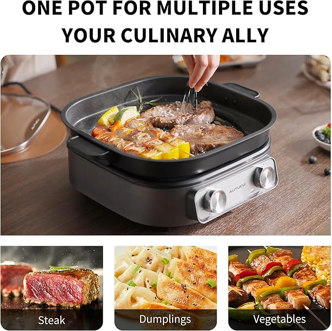 6-Quart Electric Skillet with Grill | Non-Stick PFOA-Free Ceramic-Coated Pot, 1600W, Timer & 3 Power Settings for Steak, Egg, Ramen (Includes Tongs) Pot & Grill