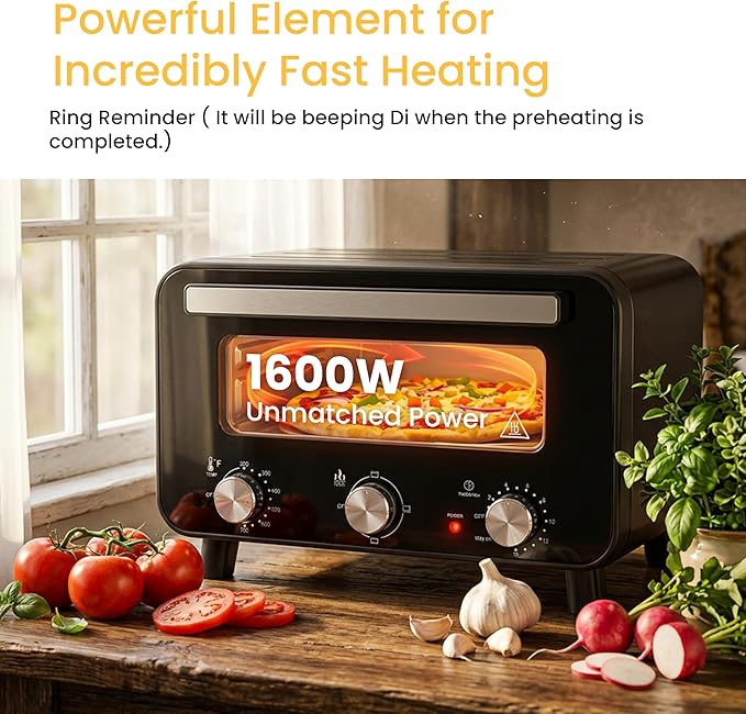 Simple Deluxe 1600W Indoor Electric Pizza Oven, 4 Cooking Modes for 12" Pizza, Fast Heating with Dual Independent Temp Control, Includes Pizza Stone & Spatula, Black