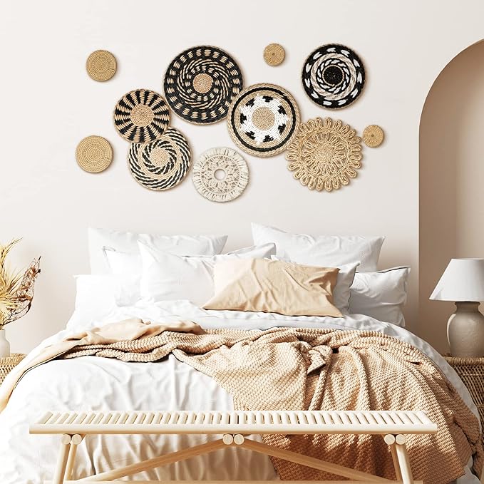 Tatuo 11 Pcs Boho Wall Basket Decor Bulrush Woven Wall Hanging Art Round Farmhouse Rustic Handmade Wicker for Summer Home, Bedroom, Living Room, Kitchen Decorations, Multi Sizes(Boho)