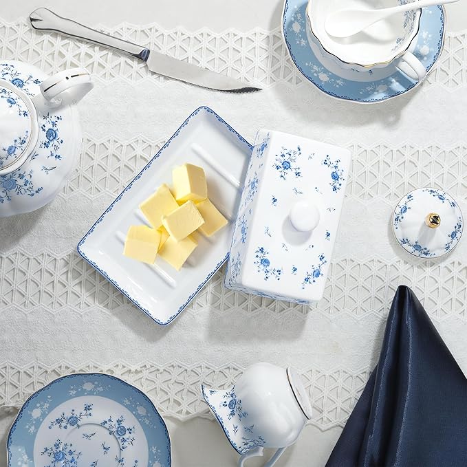fanquare Porcelain Butter Dish with Lid, Classic Ceramic Butter Keeper with Raised Leg, Butter Dishes for Cafeteria Kitchen Countertop, Blue and White (Blue Rose)