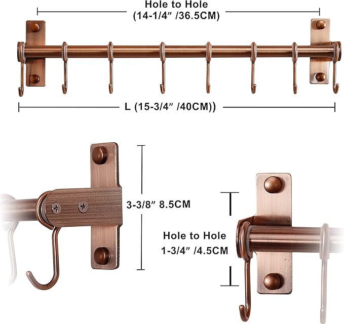 Dseap Kitchen Utensil Holder Hanger, Pot and Pan Rack Wall Mount, Kitchen Rail with 8 Hooks for Hanging Cooking Utensils, Mugs, Spoons, Wall Mounted, Stainless Steel, Antique Copper