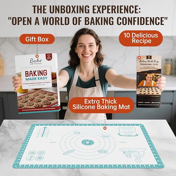 Non Stick Silicone Pastry Mat with 10 Quick Recipes，Silicone Mat for Dough Rolling Baking Sheet for Cookies, Pizza,Bread, Surdough,Fondant Mat for Kitchen Counter, Extra Large and Oven Safe