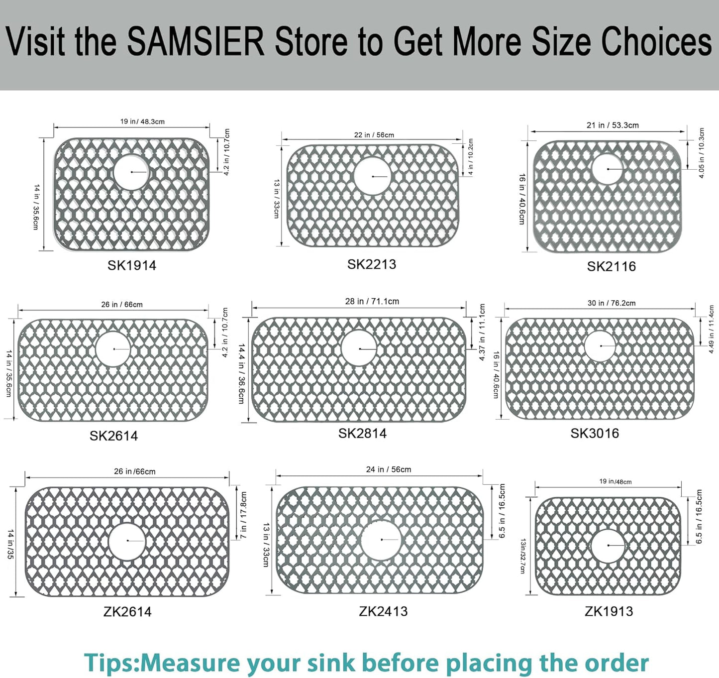 Sink Protectors for Bottom of Kitchen Sink 13x11 &16x12 &21x16 &22x13 &24x13 &26x14 &28x14 &30x16, Large Farmhouse Silicone Mats Grid (19”x14”, Rear Drain)