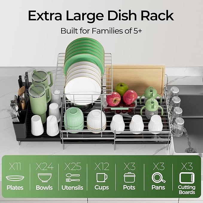Large 2 Tier Dish Drying Rack, Extendable Dish Rack, Stainless Steel Anti-Rust Dish Rack for Kitchen Counter, Multifunctional Dish Drainer with Utensil & Cup Holder, 13.4"-28.7" L x 11.8" W