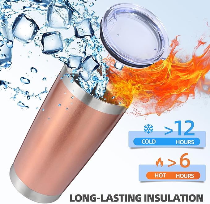 Volhoply 20oz Stainless Steel Tumbler with Lid and Straw,Double Wall Insulated Travel Iced Coffee Mug Fits Cup Holder,Powder Coated Cups for Hot and Cold Drinks,Gifts for Women Men（Rose Gold,1 Set）