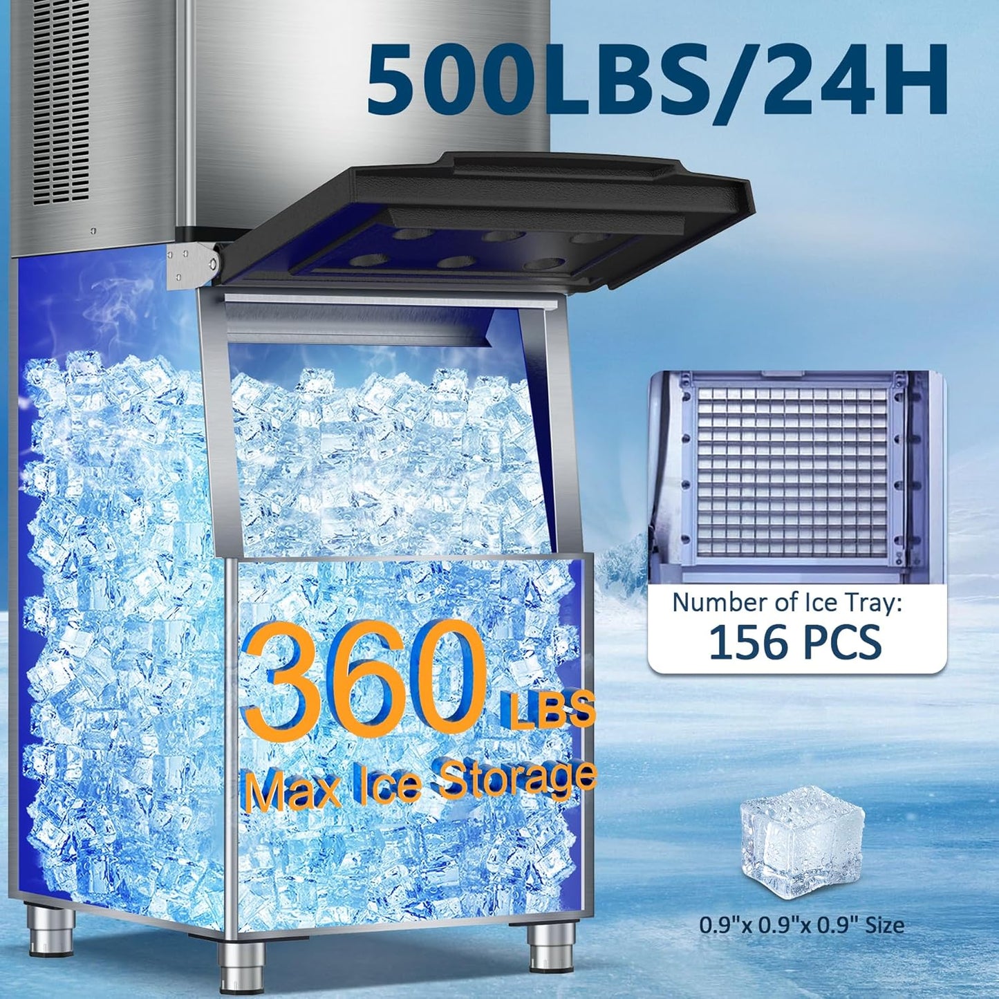 Commercial Ice Maker Machine 500LBS/24H 360LBS Ice Bin LCD Touch Screen Self Cleaning Function Freestanding Ice Maker 156 Counts Ice Ready in 5-10 min Clear Ice Cube for Cafe, Bar, Home