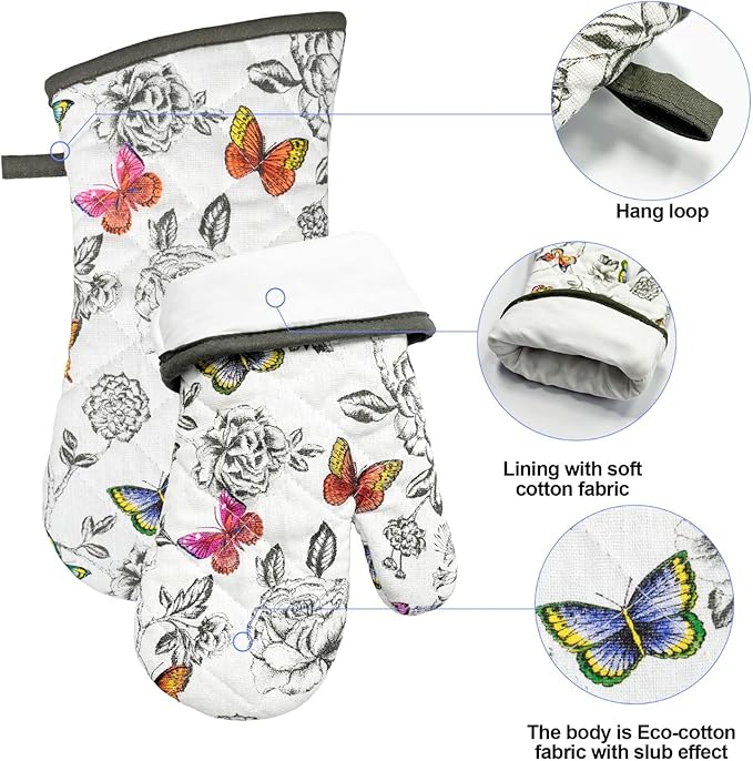 Alselo Oven Mitts and Pot Holders with Chaf Apron,Set of 5 Heat Resistant Kitchen Gloves and Silicone Non-Slip Potholders Adjustable Neck Buckle Apron, Cotton Nice Design for Cooking (Butterfly)