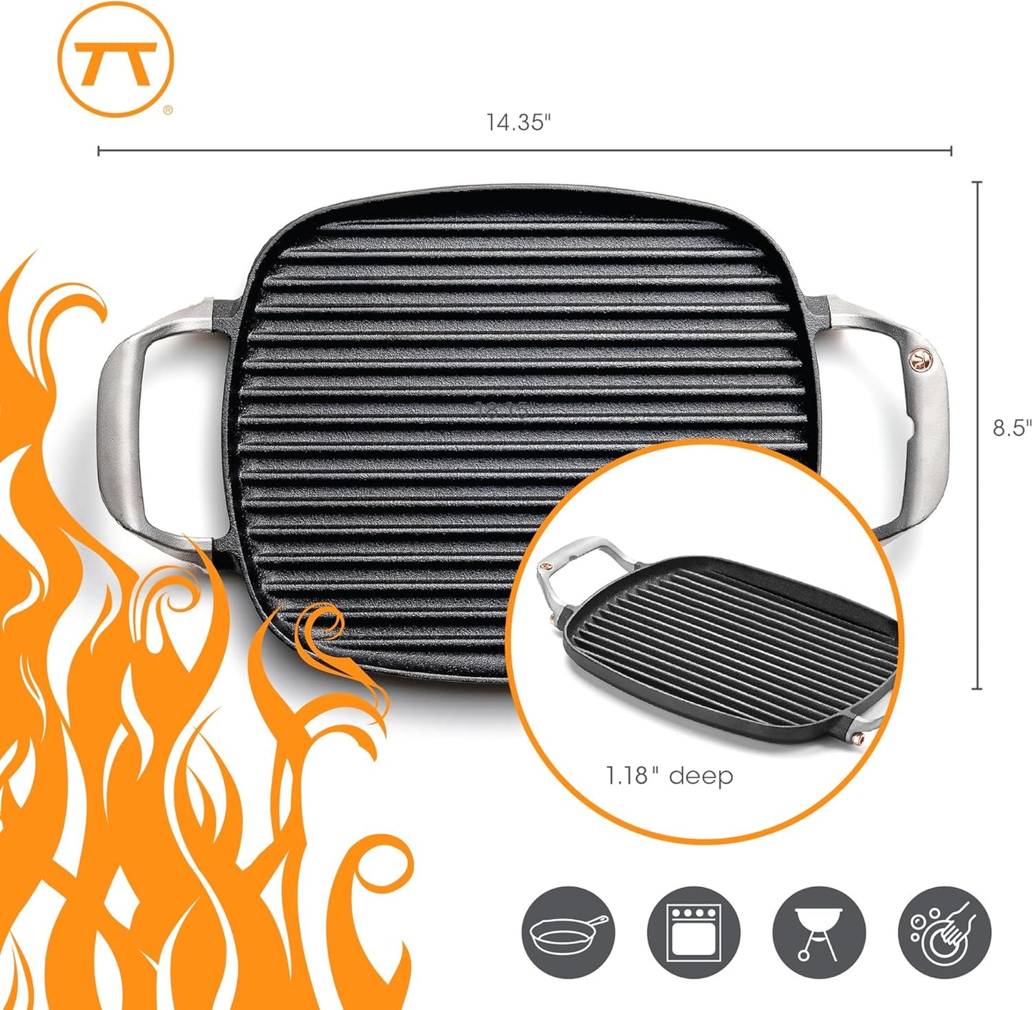 Outset Cast Iron Grill Pan With Ridges 8.5” x 14.25” x 1.5”