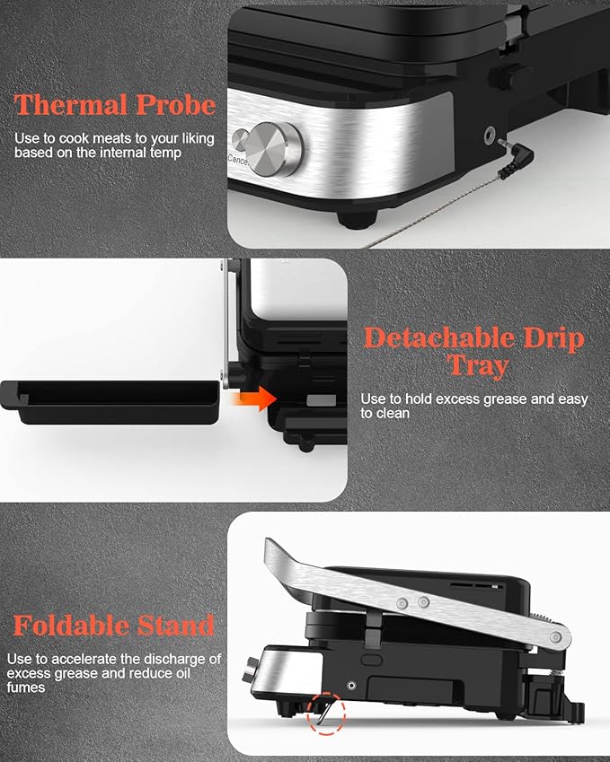 Panini Press Grill Sandwich Maker with Removable Plates, 1600W, 6 in 1 Indoor Grill with Meat Thermometer, Electric Contact Grills for Kitchen, Stainless Steel