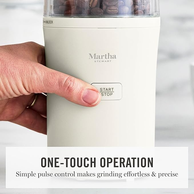 Martha Stewart Electric Coffee & Spice Grinder, Dual 2.5oz Removable Bowls, Storage Lids, Stainless Steel Blades, One Touch Pulse Control, 2-in-1 Compact, Beans & Spices, Herbs & Nuts, Linen White