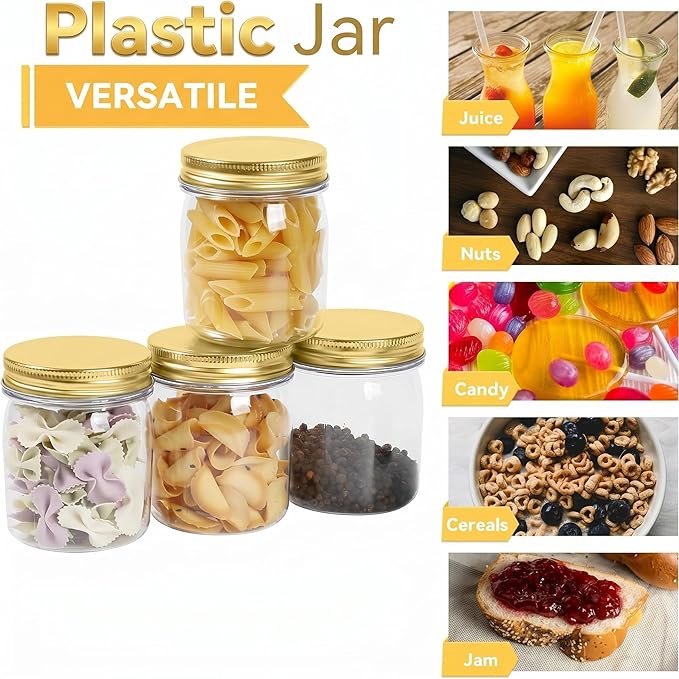 novelinks 8 oz Clear Plastic Jars with Airtight Lids, 16 Pack Plastic Mason Jars with Lids 8oz, Refillable Storage Slime Containers & Small Spice Jar for Kitchen Organization (16 Pack,Gold)