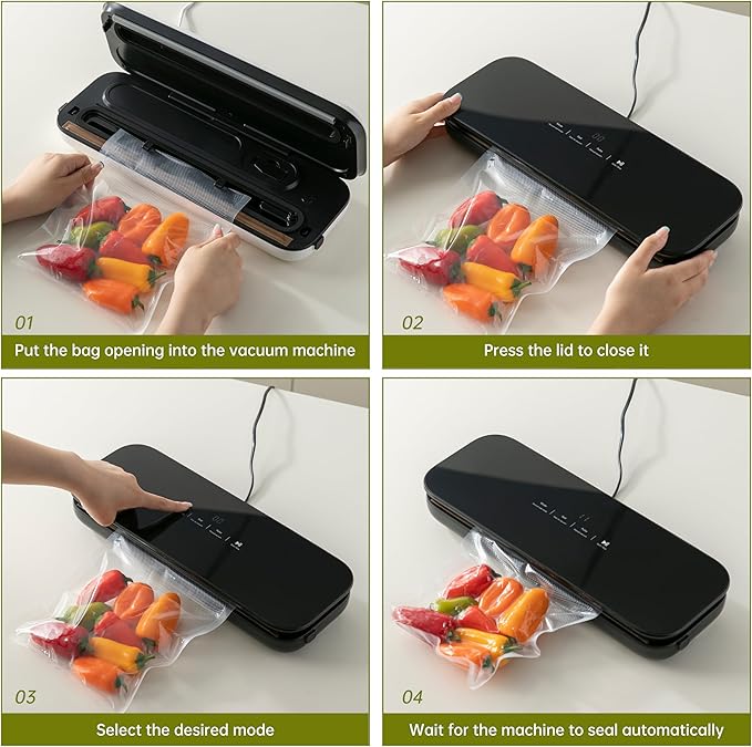 THETCHRY Vacuum Sealer For Food,6-In-1 Food Sealer Machine with 20 Large Vacuum Bags,Built-In Water Tank&Cutter,Powerful Low- Noise Food Saver with Glass Touch Screen,Black