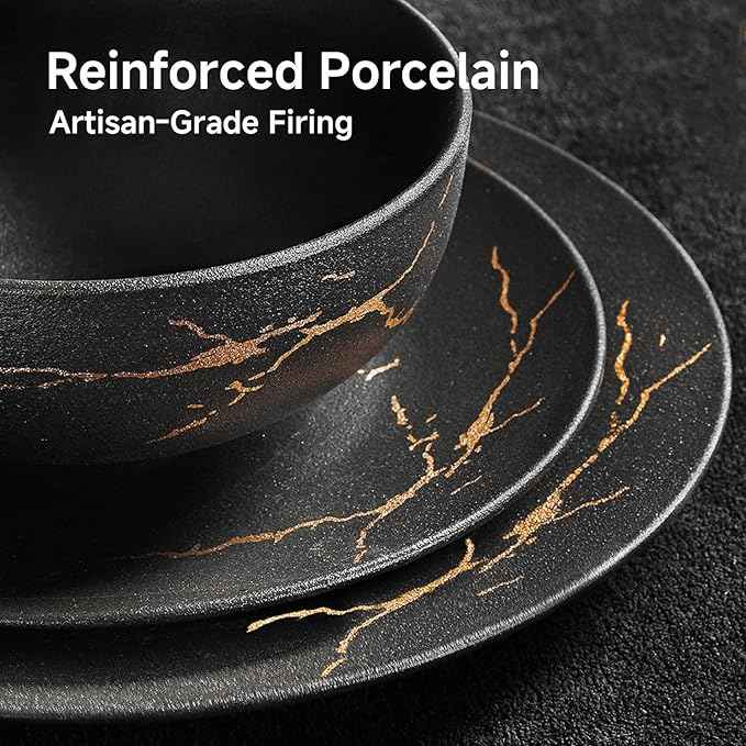 KINGSTONE Porcelain Dinnerware Sets for 8 | 24 Piece Plates and Bowls Sets Kitchen Dishes Scratch Resistant Matte Black Gold Vein Dinner Salad Plate Dishware for Party Daily Wedding