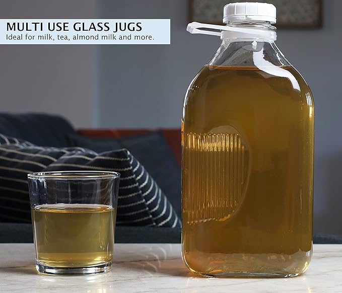 The Dairy Shoppe Glass Milk Bottle, Heavy Glass with 48 mm Extra Lid, Creamery Style (64 oz/2 pk, Half Gallon)