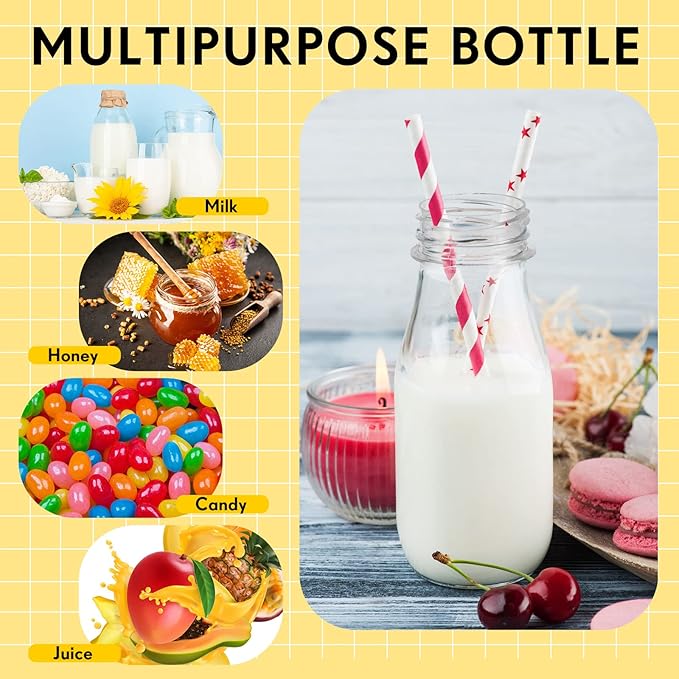 Yinkin 20 Set 10 oz Plastic Milk Bottles with Straws Metal Lids Clear Plastic Containers for Dairy Milk Party Bottle for Juices Shakes Smoothies(Red, White)