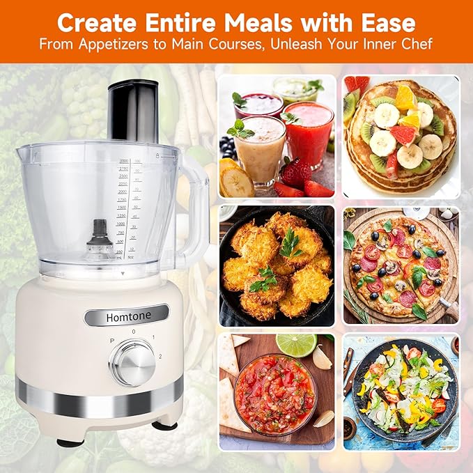 Homtone 16-Cup Food Processor, Heavy-Duty 9-Function Vegtable Chopper with 7 Blades & 3 Speeds for Dough Kneading, Meat Chopping, Slicing, Shredding & French Fry Cutting, Dishwasher Safe, White
