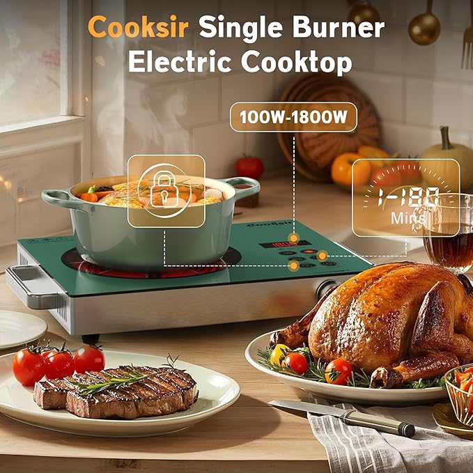 Single Burner Electric Cooktop - 110V 1800W Portable One Burner Hot Plate, Countertop Electric Stove top for Home, Camping, RV, Timer, Child Lock, Steam, BBQ, Stir Fry, 120V Plug in (Green)
