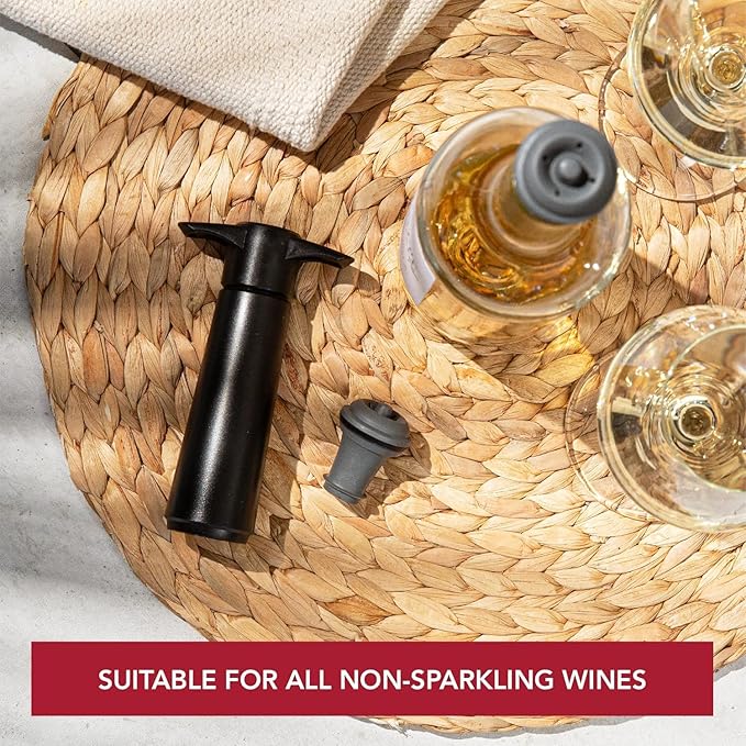 Vacu Vin Wine Saver Pump Gray with Vacuum Wine Stopper - Keep Your Wine Fresh for up to 10 Days - 1 Pump 6 Stoppers - Reusable - Made in the Netherlands