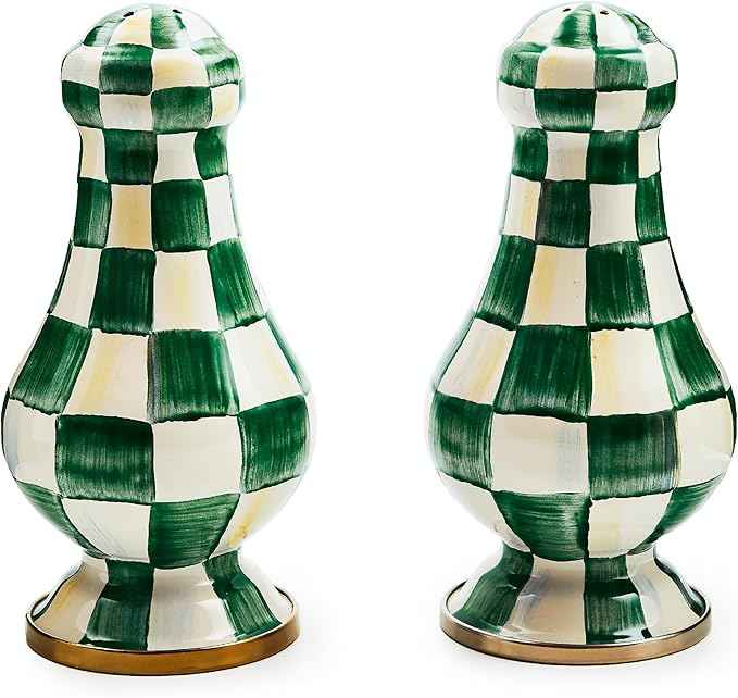 MACKENZIE-CHILDS Enamel Salt and Pepper Shakers, Kitchen Table Spice Shaker Set, Green-and-White Emerald Check, Large