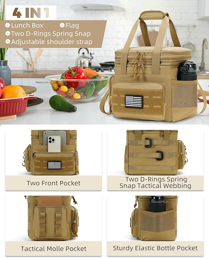 Tactical Lunch Bag & Lunch Box for Men - Large Double Deck Expandable Insulated Soft Adult Lunchbox for Work - Cooler Bag for Beach, Picnic, Camping,Outdoor，Travel (Brown,23L)