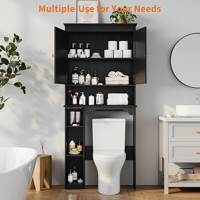IDEALHOUSE 23.6 Inches Wide Toilet Rack with Over The Toilet Storage Cabinet, Bathroom Shelf Organizer with Anti-Tip Device, Small Freestanding Space Saver with Adjustable Shelf (Black 30" W)