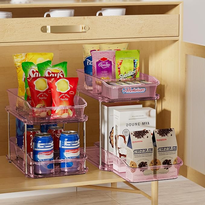 Delamu 2-Tier Under Sink Organizers and Storage, Multi-Purpose Stackable Bathroom Cabinet organizers, Pull Out Kitchen Pantry Organization and Storage with Dividers(2 Pack, Pink)