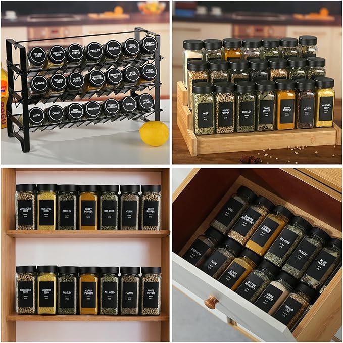 48 Glass Spice Jars with Labels, Spice Jar Set, 4oz Spice Containers, Seasoning Containers with Black Airtight Lids and Shaker Lids, Square Empty Spice Bottles, 492 Labels, 1 Funnel