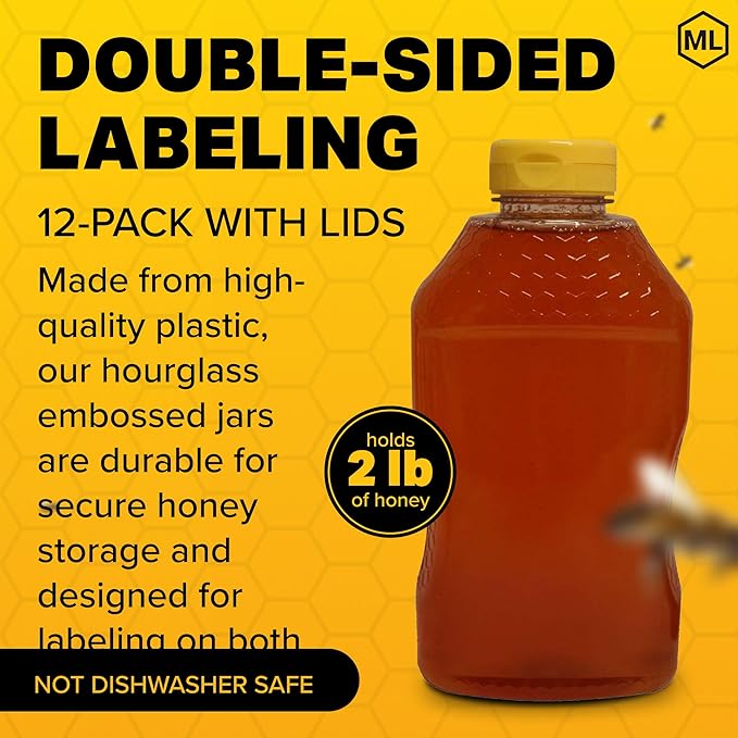 Mann Lake Refillable Hourglass Honey Jars | 2 lb Plastic Containers with Yellow Flip-Top Lids | Empty Bottles for Honey Storage & Dispensing | 12-Pack (Honey Not Included)