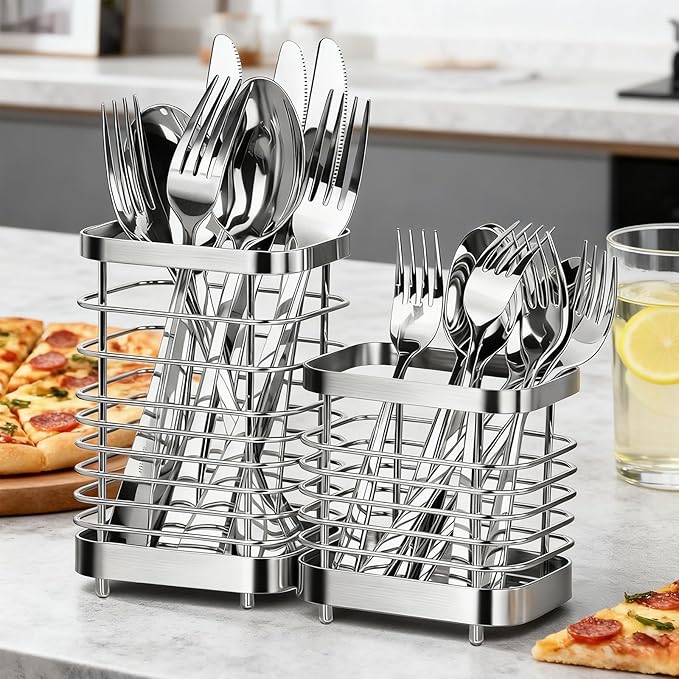 Utensil Holder, Stainless Steel Utensil Drying Rack for Kitchen Counter, Silverware Cutlery Flatware Holder Forks, Knives, Spoons, Chopsticks Organizer (Silver)