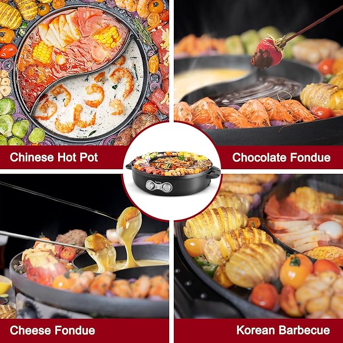 Food Party Hot Pot Electric Korean BBQ Grill 2 in 1 Hotpot Smokeless Indoor Grill Removable Cooking Plate Easy Cleaning 110V 1800W Shabu Shabu Pot with Divider