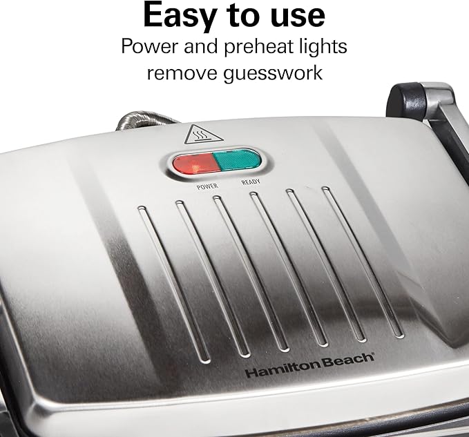 Hamilton Beach Panini Press, Sandwich Maker & Electric Indoor Grill, Upright Storage, PFAS-Free Nonstick Easy Clean Grids, Stainless Steel (25410)
