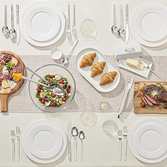 KINGSTONE 45 Piece Hammered Silverware Set with Serving Utensils, 18/10 Stainless Steel Flatware Set for 8, Cutlery Set for Home, Party, Wedding, Mirror Polished Dishwasher Safe