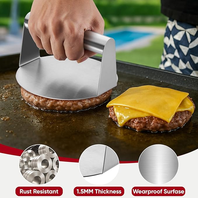 Joyfair 5.5” Smash Burger Press & 12” Cheese Melting Dome, Stainless Steel Hamburger Smasher & Large Basting Cover for Griddle, Non-Stick Grill Presses for Bacon, Meat, Patty, Flat Top Grilling Tools