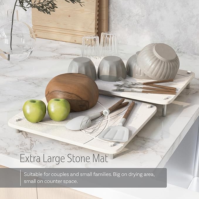 Large Stone Drying Mat for Kitchen Counter | 15.8” x 11.8” Dish Drying Mat Large | Diatomaceous Earth Collapsible Stone Dish Drying Mat | Collapsible Stone Mat for Kitchen Counter (White)