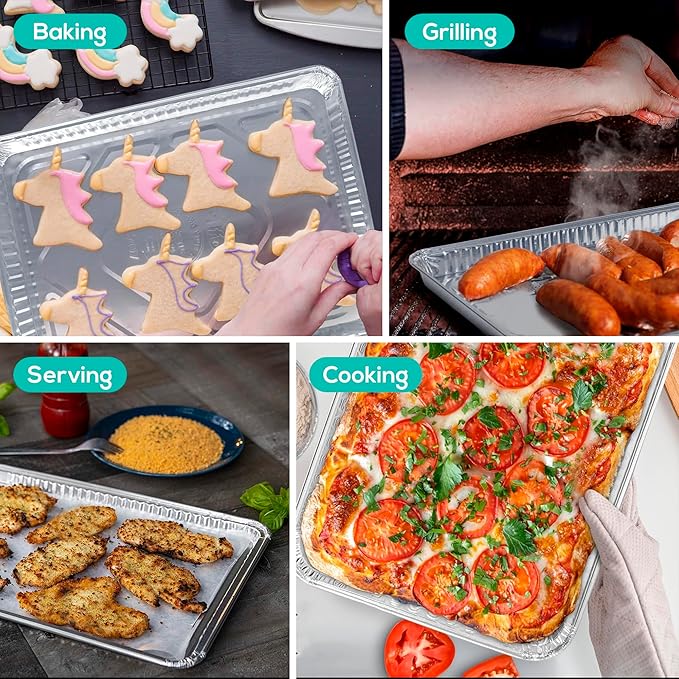 PLASTICPRO Aluminum Pans 20 Pack Disposable Cookie Sheets 13 x 17 Baking Pans Premium Quality Heavy Duty Sheet Pans