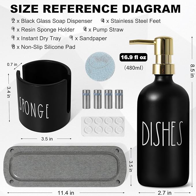 Kitchen Soap Dispenser Set, 16.9 fl oz Hand and Dish Soap Dispensers with Tray, Black and Gold Kitchen Soap Dispenser Set with Sponge Holder, Instant Dry Tray, Gold&Black