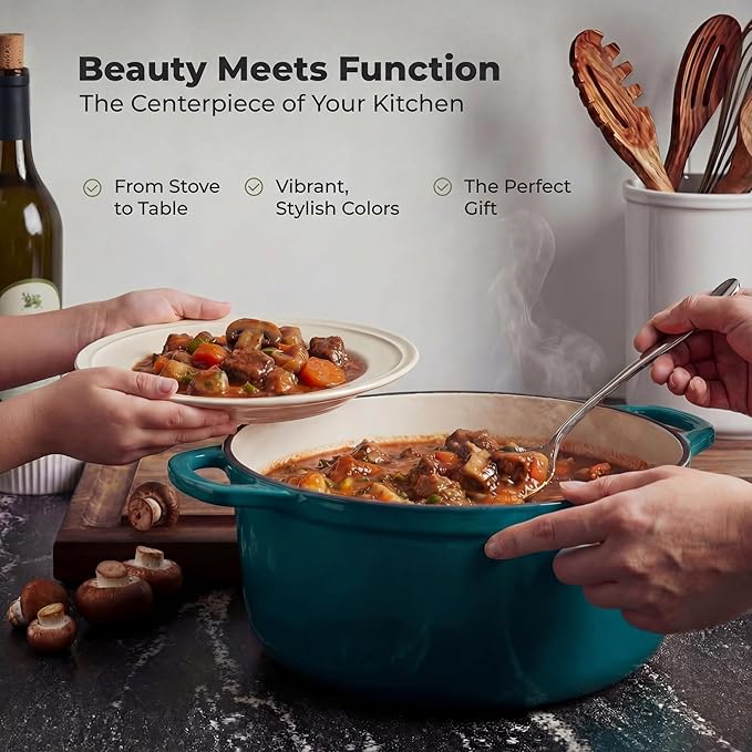 Zulay Kitchen 6.4 Quart Enameled Cast Iron Dutch Oven Pot with Lid Oven Safe up to 500°F. Heavy-Duty Enameled Cast Iron for Sourdough Bread Baking, Stews, Braising & Roasting, Soup Pot with Lid - Emerald