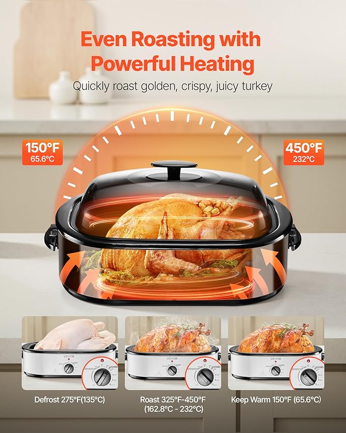VEVOR Roaster Oven, 18QT Electric Roaster Oven, 150-450℉ Adjustable Temperature Electric Roasting Pan, Multifunctional Electric Roasters with Self-Basting Lid, Removable Pan and Rack for Holiday