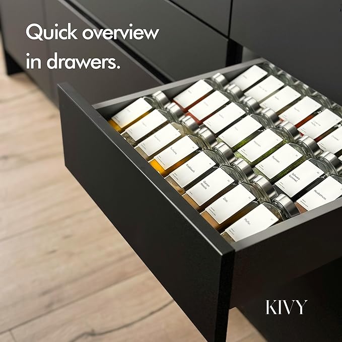 KIVY Glass Spice jars with Label & Shaker Lids [24x 4oz] Airtight Seasoning Containers for Cabinet & Drawer - Empty Spice Bottles - Seasoning jars with labels - Spice jars with stainless steel lids