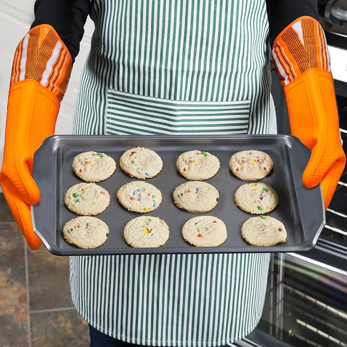 Alselo Oven Mitts Heat Resistant Silicone Kitchen Gloves for 550 Degrees with Waterproof and Non-Silp, Oven Gloves for Baking Cooking Barbecue Microwave Machine Washable (Extra Long Orange, 2)