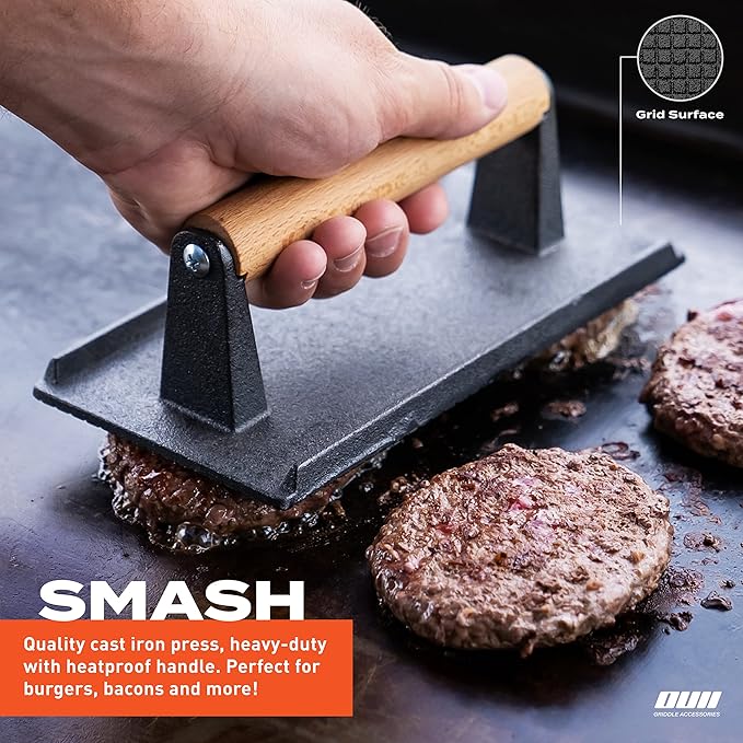 Flat Top Griddle Accessories Set for Blackstone and Camp Chef Griddle - 12 Inch Heavy Duty Round Basting Cover Cheese Melting Dome with Cast Iron Burger Bacon Press & Basting Brush