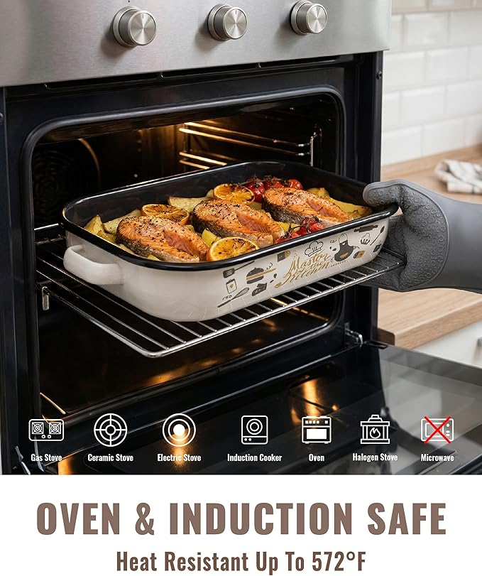 Roasting Pan with Rack & Handle 6-Piece Enamel Lasagna Baking Dish 14&17 Inch, 572°F High Temperature Resistance Dishwasher Safe Non-Stick Easy-To-Clean Steak Roaster Pan for Oven Gift Bakeware